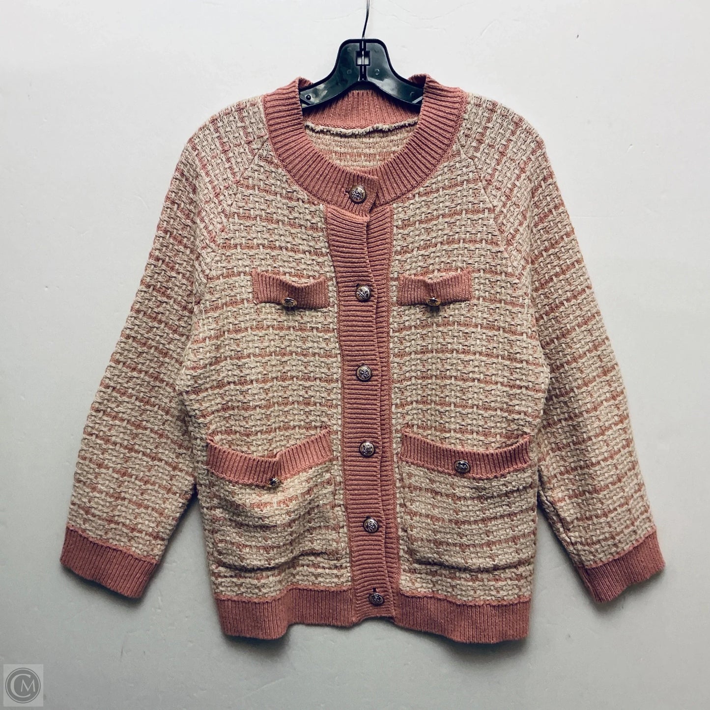 Sweater Cardigan By Clothes Mentor In Pink & White, Size: L