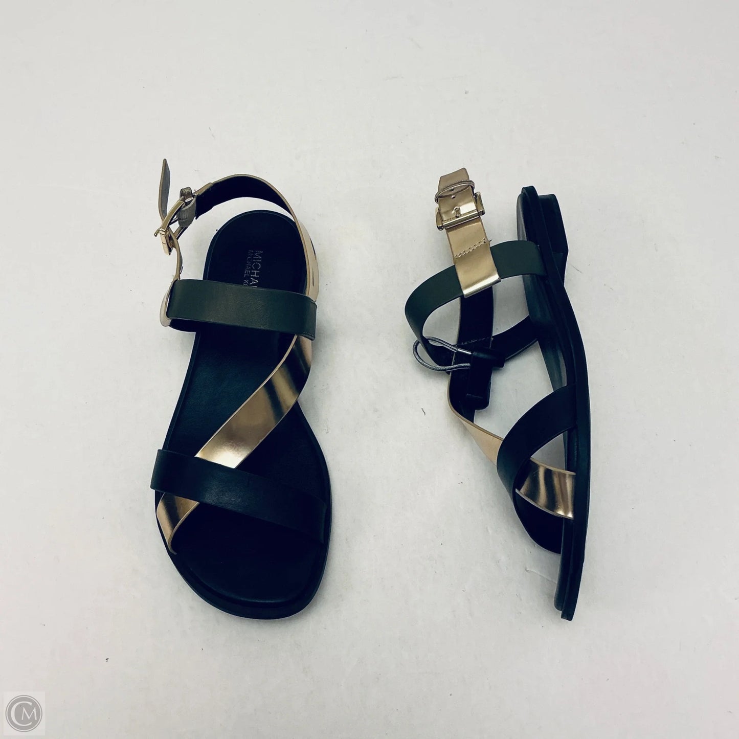 Sandals Flats By Michael By Michael Kors In Black & Gold, Size: 8