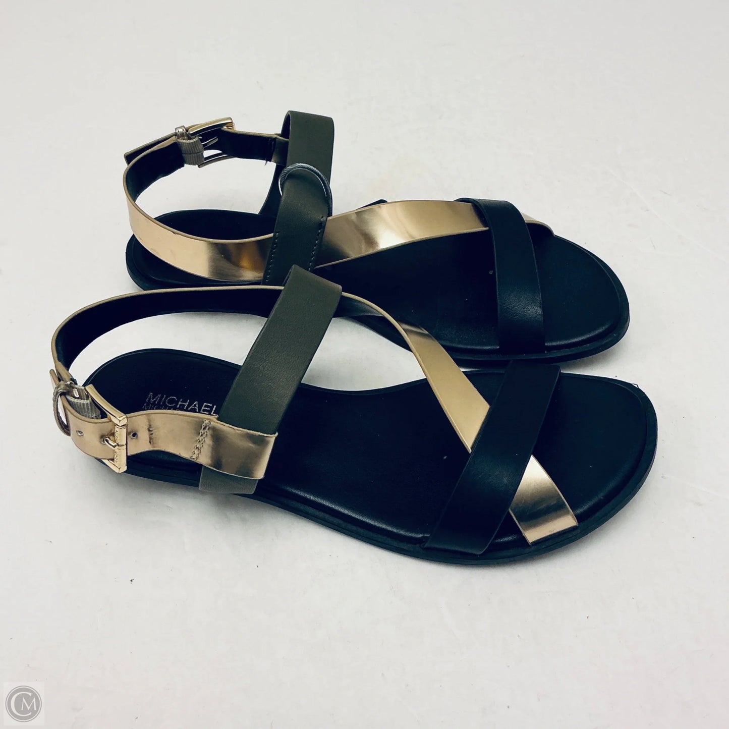 Sandals Flats By Michael By Michael Kors In Black & Gold, Size: 8