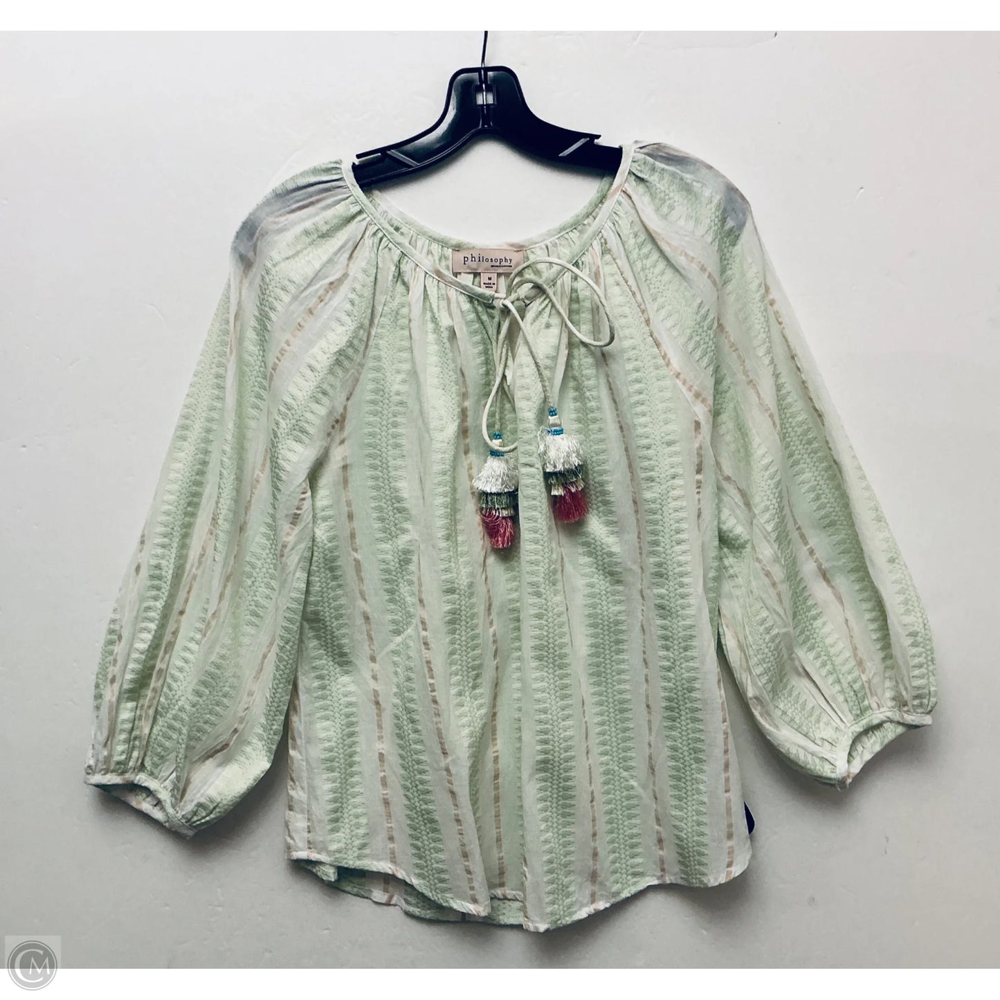 Top Long Sleeve By Philosophy In Green & White, Size: M