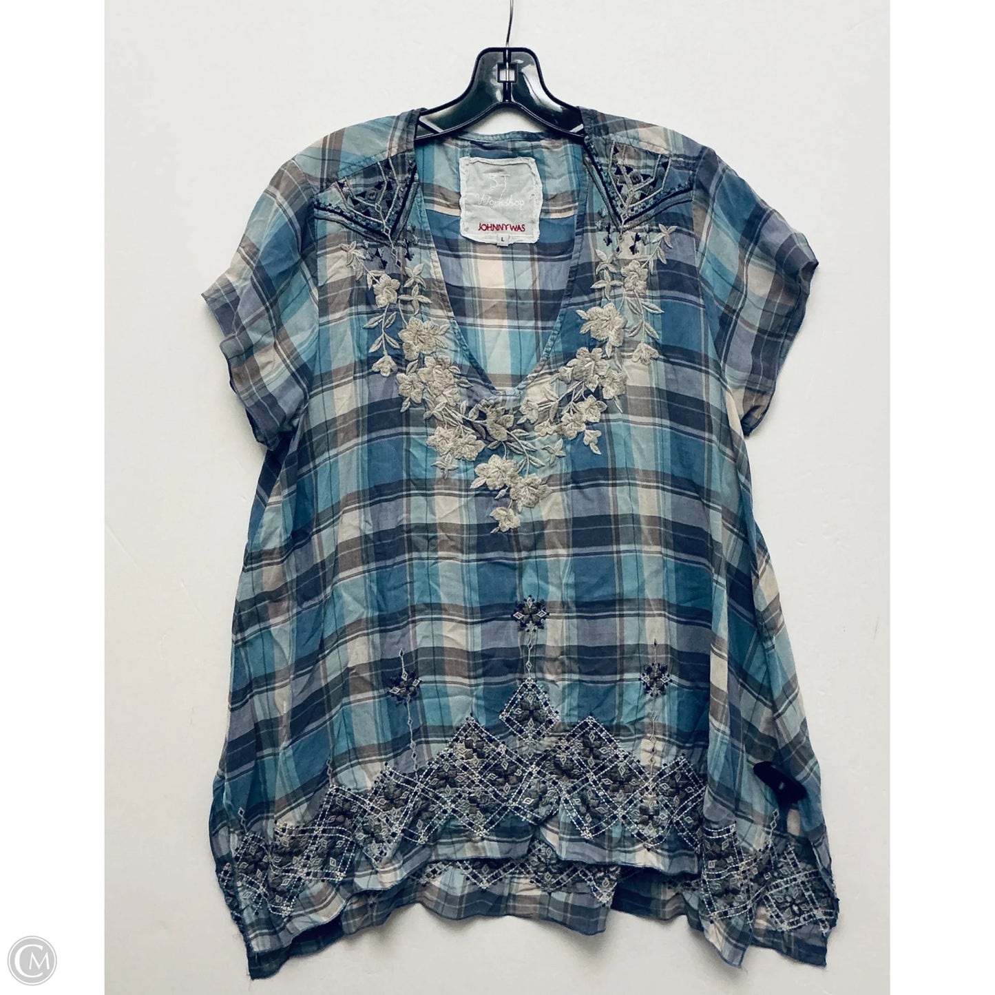 Top Short Sleeve By Johnny Was In Plaid Pattern, Size: L
